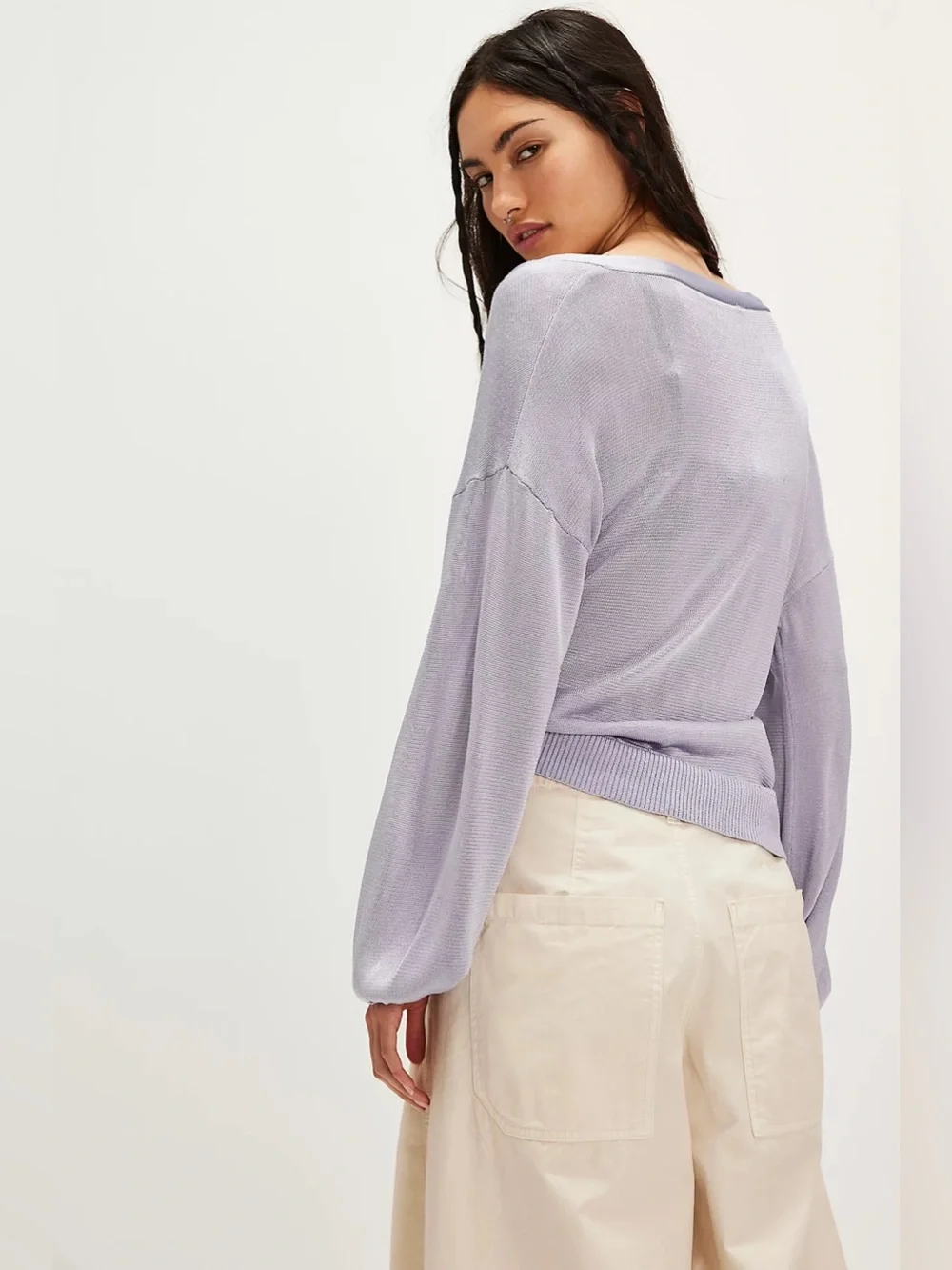 Free People Veronica Long Sleeve Viscose Dusty Lavender Wrap V-Neck Sweater Smal